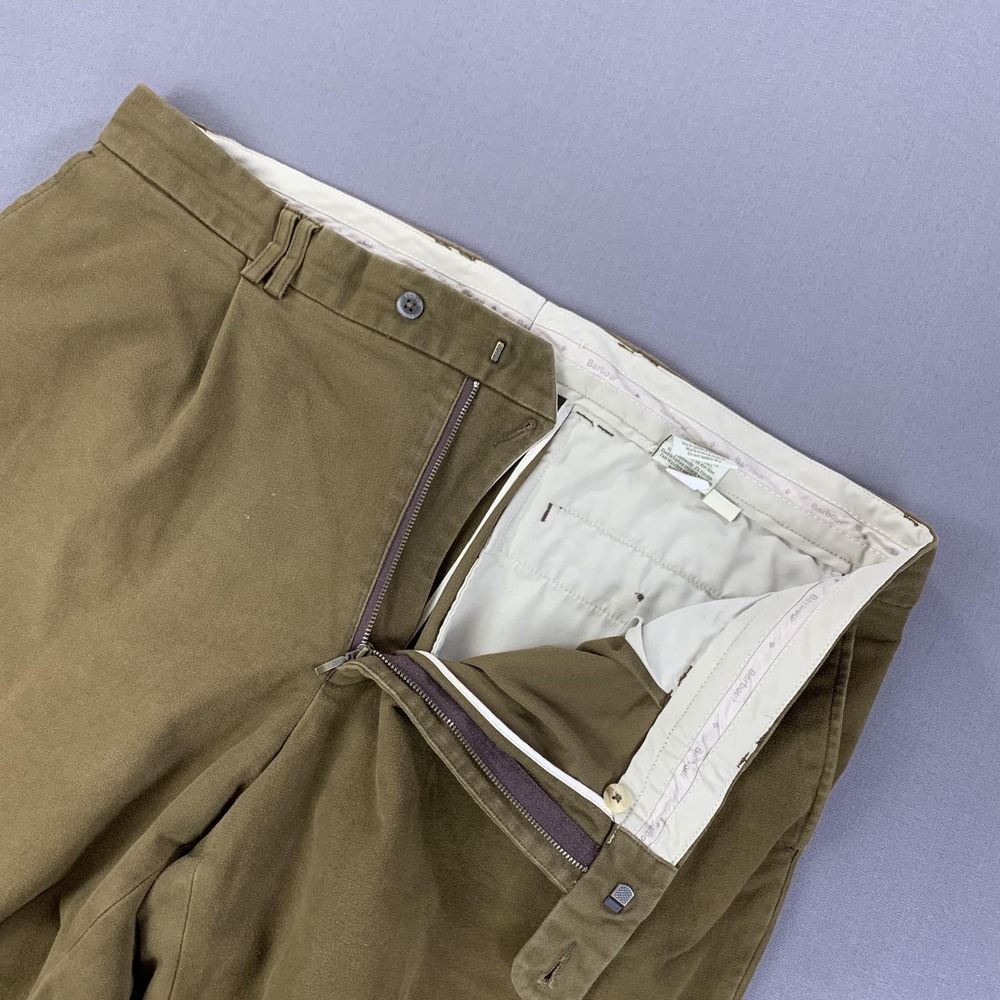 Barbour Pants Mens 42x32 Brown Stretch Cotton Chino Trousers Pleated Front Prep